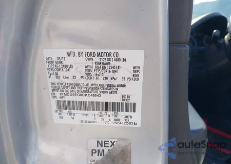 2012 Ford Escape Limited z USA, uszkodzony, nr VIN 1FMCU9EG8CKC48643